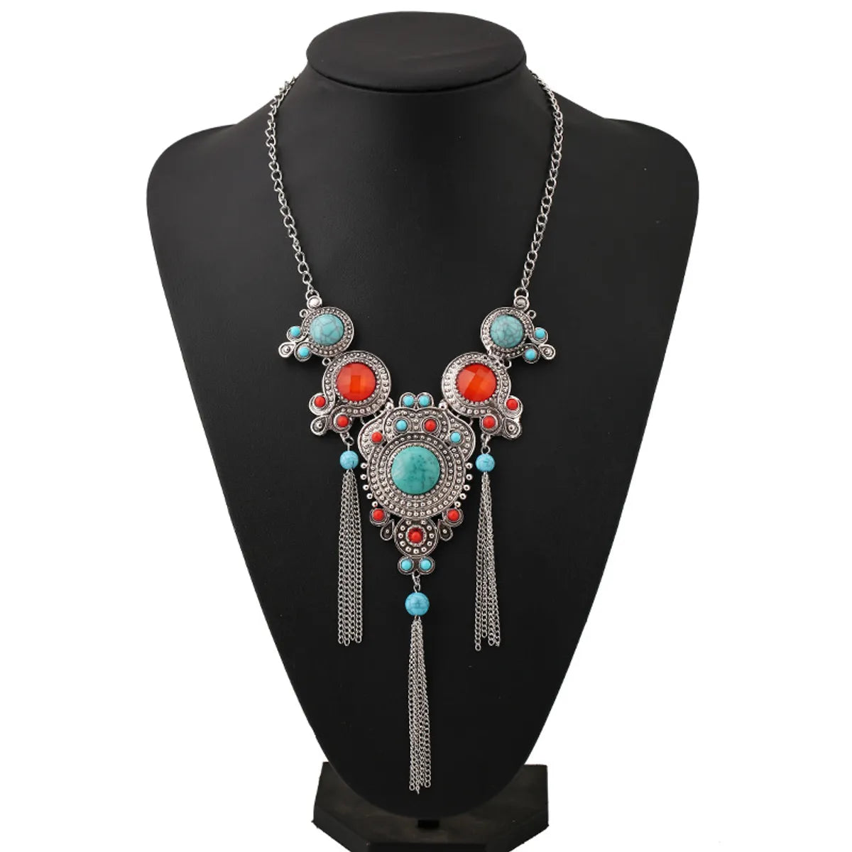 Retro Ethnic Style Round Alloy Tassel Inlay Gem Turquoise Women's Pendant Necklace Long Necklace