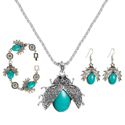 Retro Ethnic Style Seven-Star Ladybug Turquoise Three-Piece Suit Bracelet Earrings Necklace