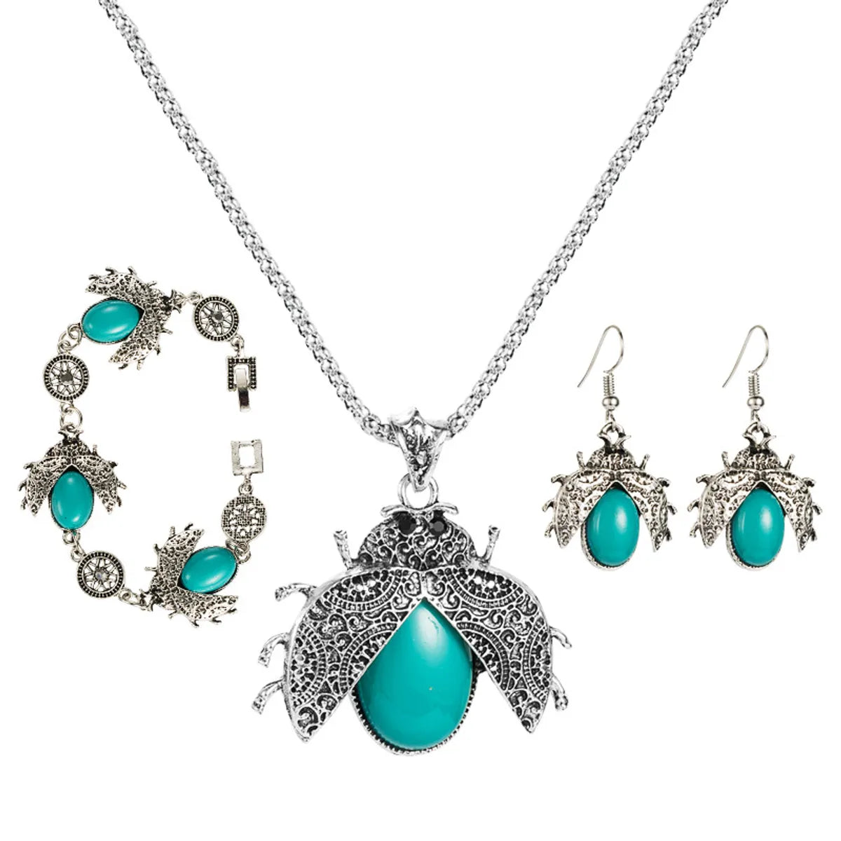 Retro Ethnic Style Seven-Star Ladybug Turquoise Three-Piece Suit Bracelet Earrings Necklace