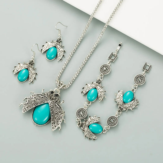 Retro Ethnic Style Seven-Star Ladybug Turquoise Three-Piece Suit Bracelet Earrings Necklace