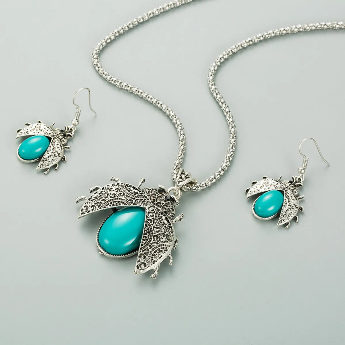 Retro Ethnic Style Seven-Star Ladybug Turquoise Three-Piece Suit Bracelet Earrings Necklace