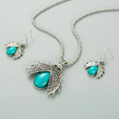 Retro Ethnic Style Seven-Star Ladybug Turquoise Three-Piece Suit Bracelet Earrings Necklace