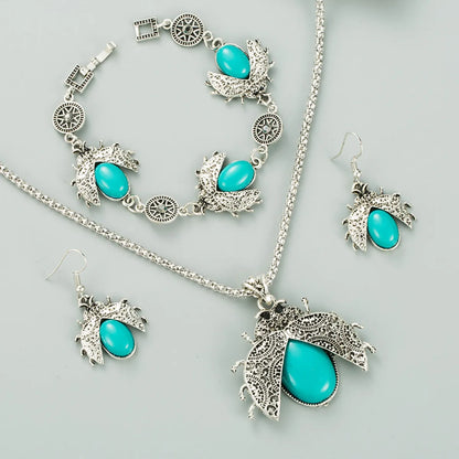 Retro Ethnic Style Seven-Star Ladybug Turquoise Three-Piece Suit Bracelet Earrings Necklace