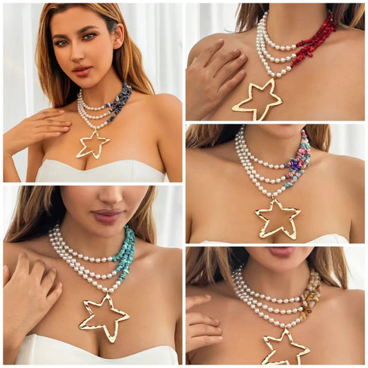 Retro Ethnic Style Star Artificial Pearl Alloy Turquoise Beaded Women'S Three Layer Necklace