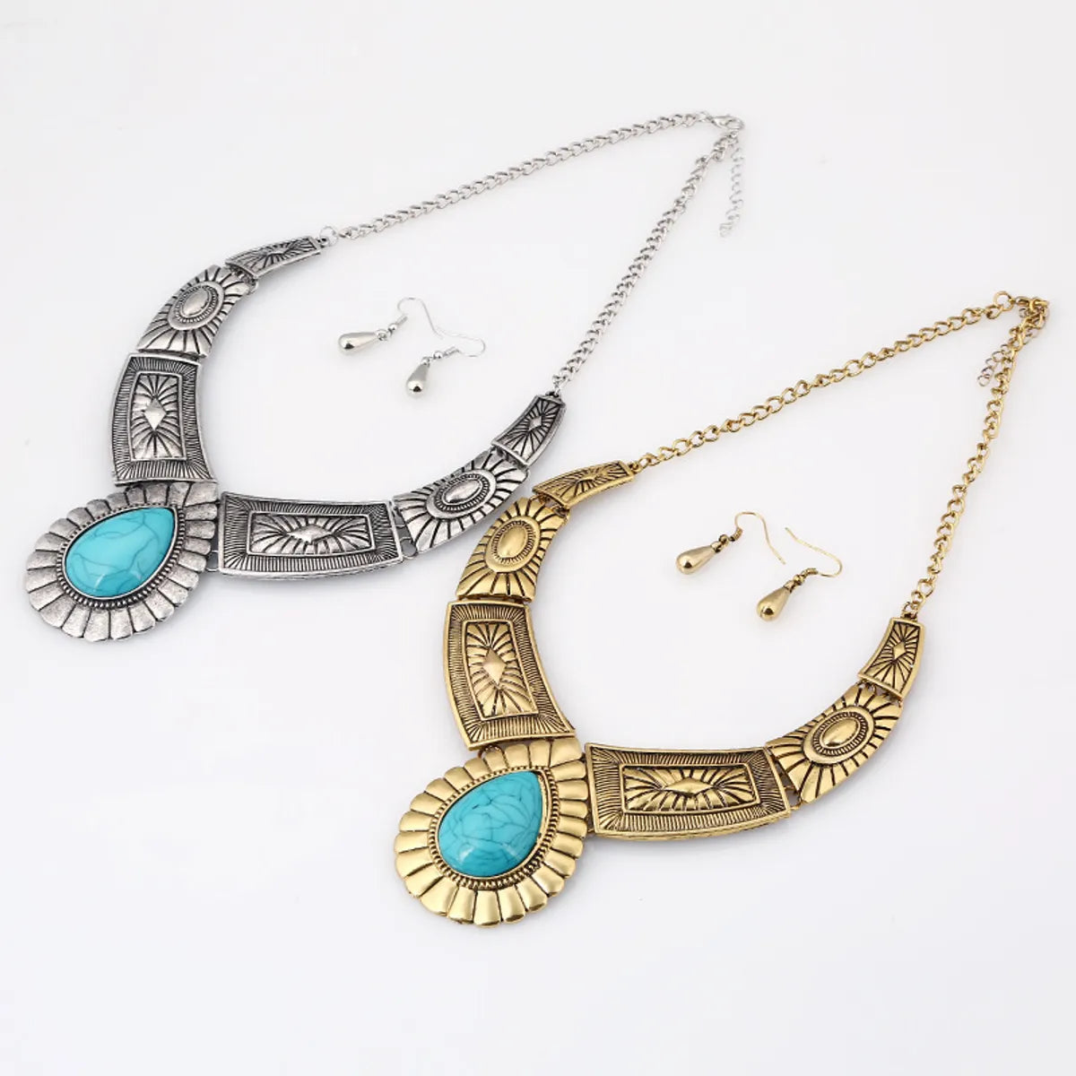 Retro Ethnic Style Water Droplets Rhombus Turquoise Alloy Wholesale Earrings Necklace