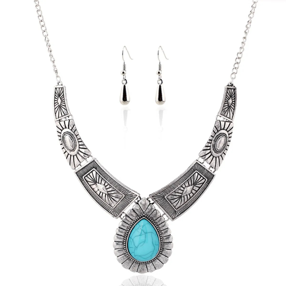 Retro Ethnic Style Water Droplets Rhombus Turquoise Alloy Wholesale Earrings Necklace