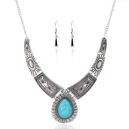 Retro Ethnic Style Water Droplets Rhombus Turquoise Alloy Wholesale Earrings Necklace