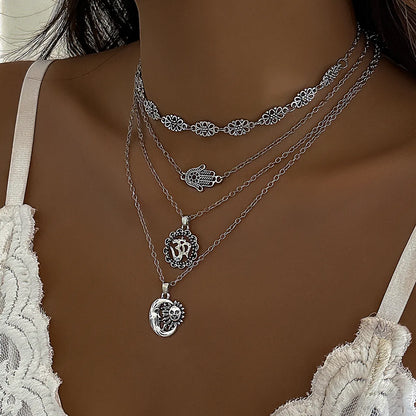 Retro Exaggerated Bohemian Sun Gloves Moon Alloy Iron Layered Tassel Chain Women's Pendant Necklace