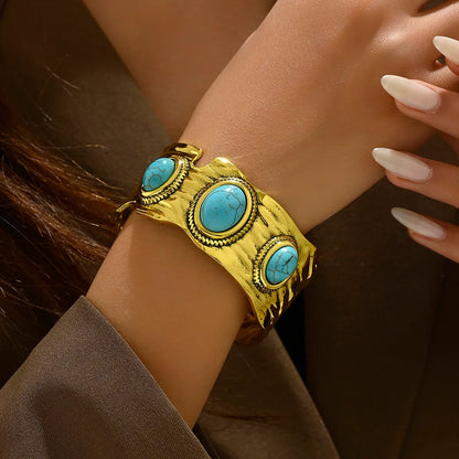 Retro Exaggerated Classic Style Irregular Solid Color Turquoise Iron Wholesale Wide Bracelet