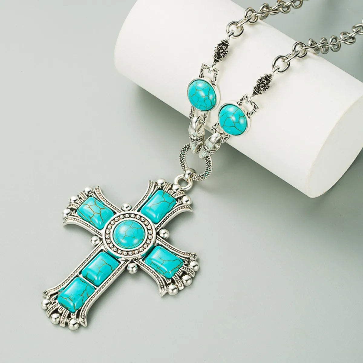 Retro Exaggerated Cross Shape Multi-layer Alloy Inlaid Turquoise Necklace