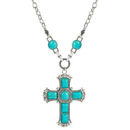 Retro Exaggerated Cross Shape Multi-layer Alloy Inlaid Turquoise Necklace