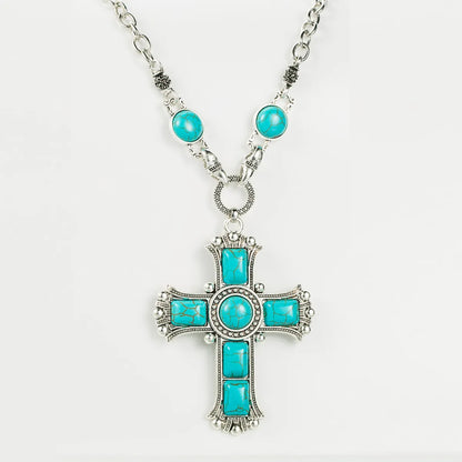 Retro Exaggerated Cross Shape Multi-layer Alloy Inlaid Turquoise Necklace