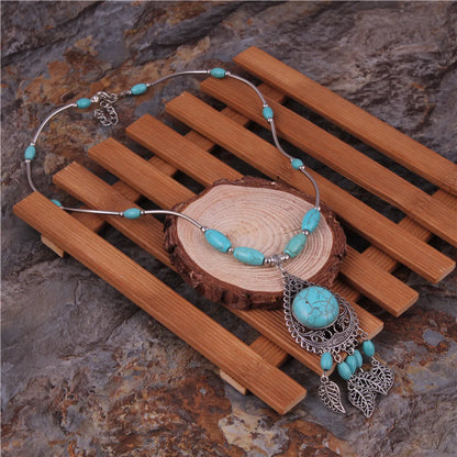 Wholesale Jewelry Retro Exaggerated Leaves Elephant Alloy Plastic Iron Turquoise Plating Hollow Out Inlay Pendant Necklace