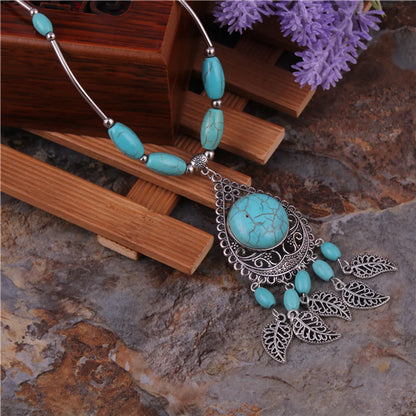 Wholesale Jewelry Retro Exaggerated Leaves Elephant Alloy Plastic Iron Turquoise Plating Hollow Out Inlay Pendant Necklace