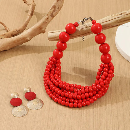 Retro Exaggerated Round Beads Wooden Beads Metal Beaded Women'S Necklace