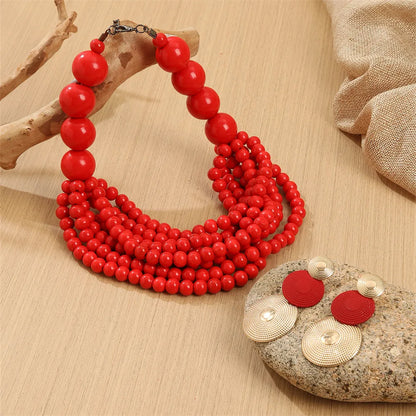 Retro Exaggerated Round Beads Wooden Beads Metal Beaded Women'S Necklace