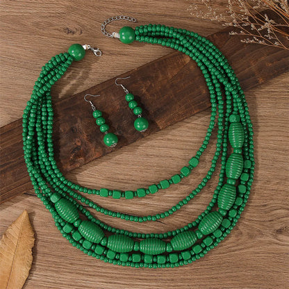 Retro Exaggerated Round Wooden Beads Metal Beaded Women'S Earrings Necklace