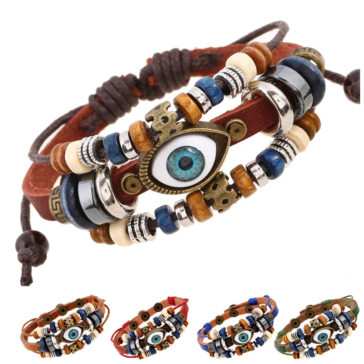 Retro Eye Pu Leather Beaded Resin Men's Bracelets