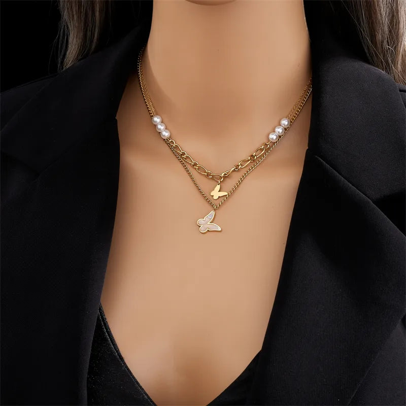 Retro Fashion Korean Style Butterfly Titanium Steel Plating Artificial Pearls Layered Necklaces 1 Piece