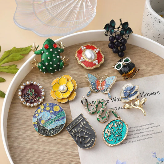 Retro Flower Alloy Enamel Inlay Artificial Gemstones Pearl Women'S Brooches