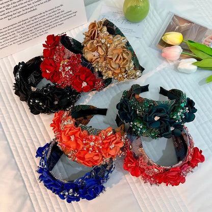 Retro Flower Cloth Rhinestone Handmade Hair Band