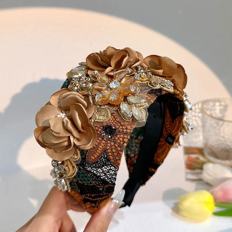 Retro Flower Cloth Rhinestone Handmade Hair Band