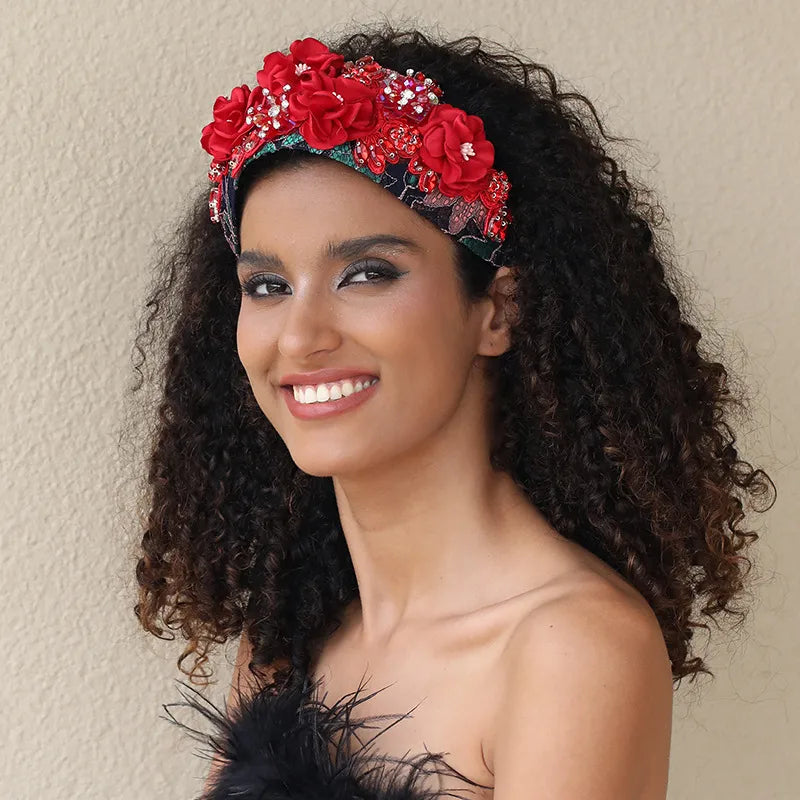 Retro Flower Cloth Rhinestone Handmade Hair Band