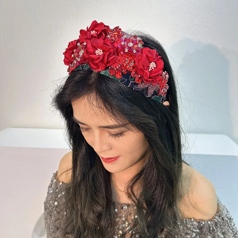 Retro Flower Cloth Rhinestone Handmade Hair Band