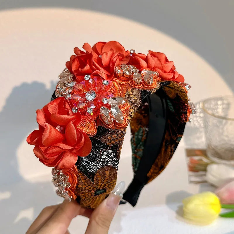 Retro Flower Cloth Rhinestone Handmade Hair Band