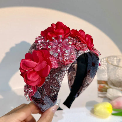 Retro Flower Cloth Rhinestone Handmade Hair Band