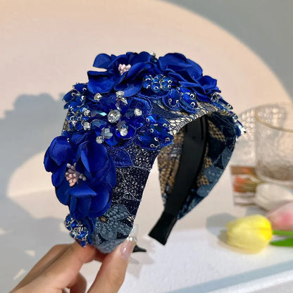 Retro Flower Cloth Rhinestone Handmade Hair Band