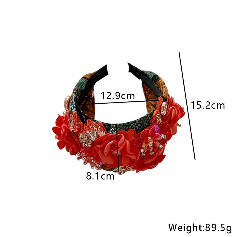 Retro Flower Cloth Rhinestone Handmade Hair Band