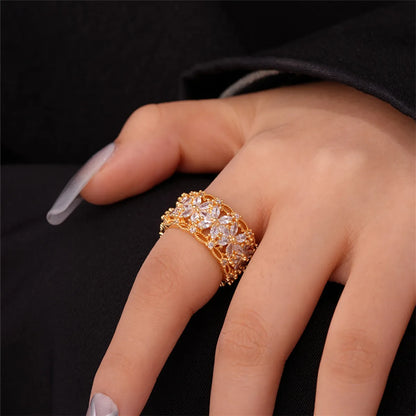 Retro Flower Copper Gold Plated Zircon Open Rings In Bulk