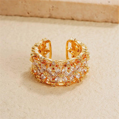 Retro Flower Copper Gold Plated Zircon Open Rings In Bulk