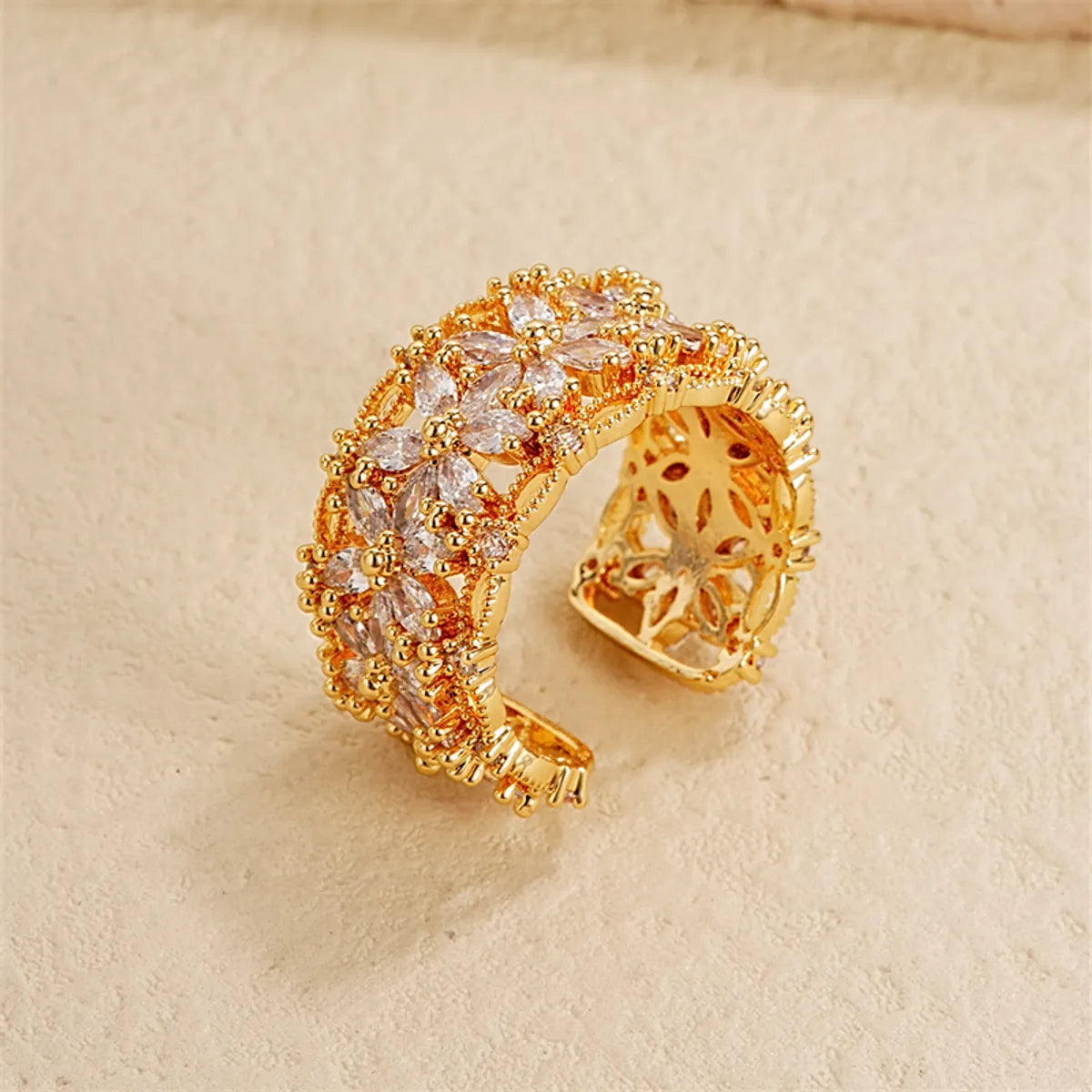 Retro Flower Copper Gold Plated Zircon Open Rings In Bulk