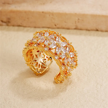 Retro Flower Copper Gold Plated Zircon Open Rings In Bulk