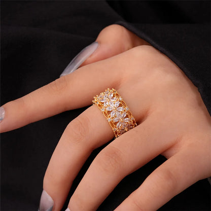 Retro Flower Copper Gold Plated Zircon Open Rings In Bulk