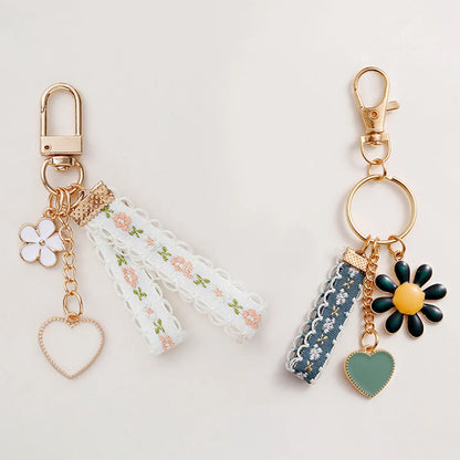 Retro Flower Ribbon Keychain Alloy Key Chain Lace Key Rope