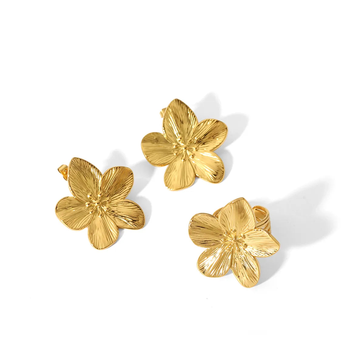 Retro Flower Stainless Steel Plating 18k Gold Plated Rings Earrings