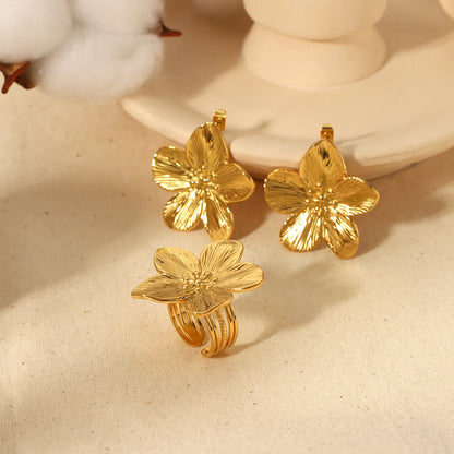 Retro Flower Stainless Steel Plating 18k Gold Plated Rings Earrings