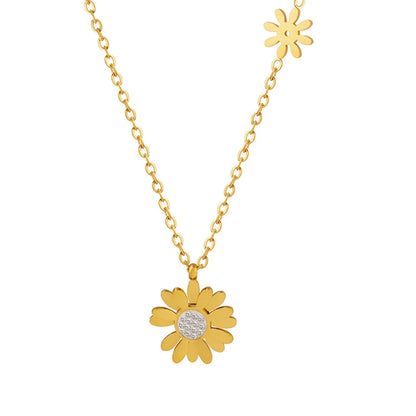 Retro Flower Titanium Steel Inlay Zircon Pendant Necklace