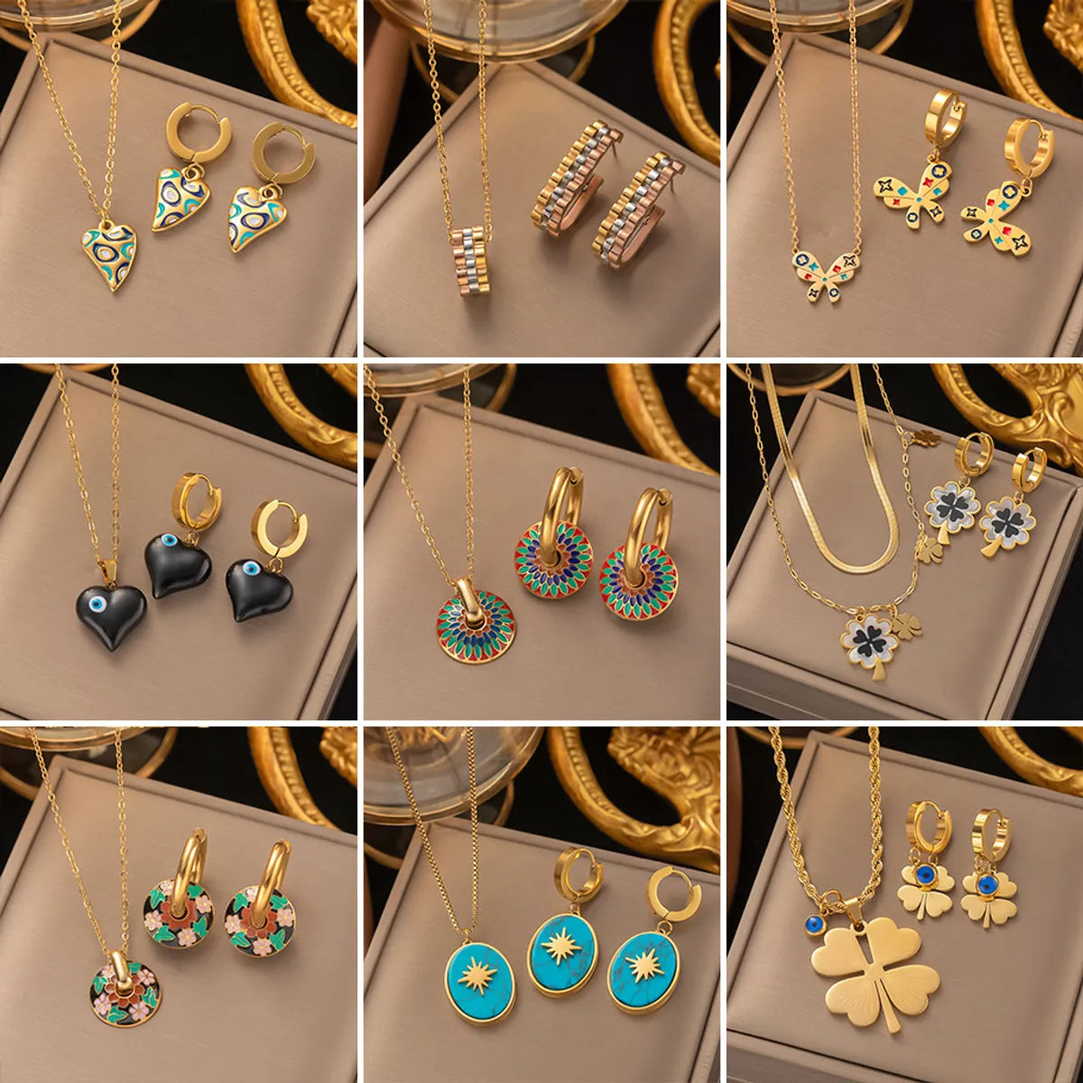 Wholesale Retro Flower Titanium Steel Plating Earrings Necklace