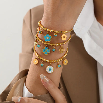 Retro Four Leaf Clover Eye Flower Stainless Steel Gold Plated Turquoise Bracelets