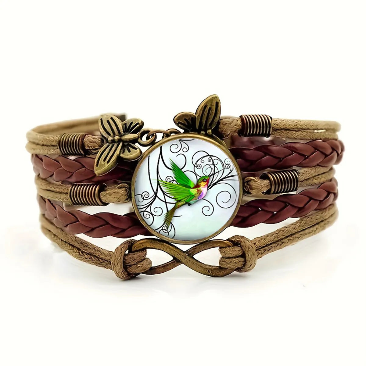 Retro French Style Artistic Infinity Hummingbird Butterfly Pu Leather Alloy Glass Inlay Glass Unisex Bracelets