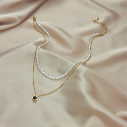 304 Stainless Steel Imitation Pearl 18K Gold Plated Retro French Style Plating Inlay Geometric Zircon Layered Necklaces