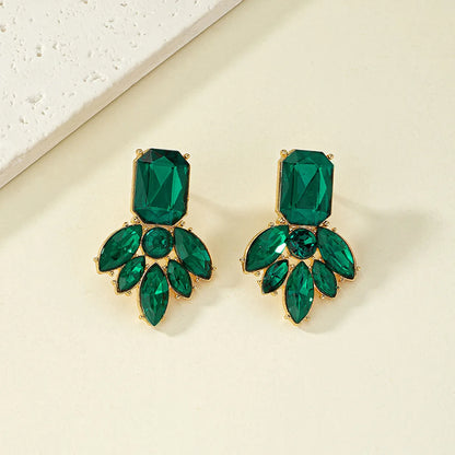 Retro French Style Square Water Droplets Alloy Inlay Gem Zircon Women'S Earrings