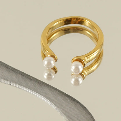 Retro French Style U Shape Stainless Steel Plating Inlay Pearl 18k Gold Plated Open Ring