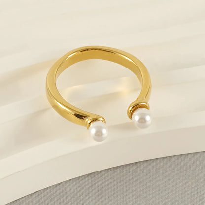 Retro French Style U Shape Stainless Steel Plating Inlay Pearl 18k Gold Plated Open Ring