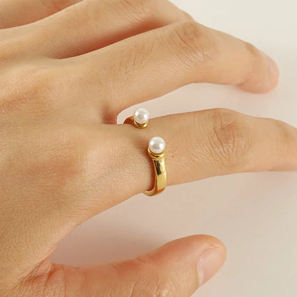 Retro French Style U Shape Stainless Steel Plating Inlay Pearl 18k Gold Plated Open Ring