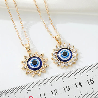 European Cross-border Sold Jewelry Vintage Full Diamond Sunflower Devil's Eye Pendant Necklace Turkish Eye Metal Necklace